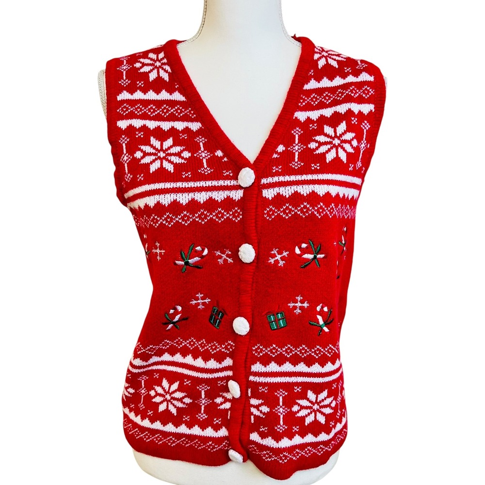 LAURA SCOTT Christmas Candy Cane Sweater Vest M Red Holiday Snowflakes‎ Gifts